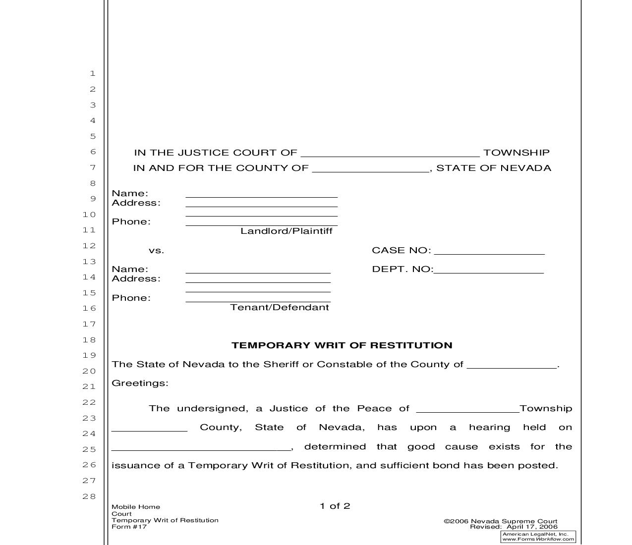 Temporary Writ Of Restitution {17} | Pdf Fpdf Doc Docx | Nevada