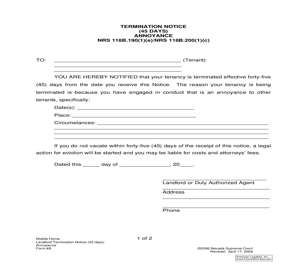 Termination Notice (45 Days) - Annoyance - NRS 118B.190(1)(e) Or NRS 118B.200(1)(c) {8} | Pdf Fpdf Doc Docx | Nevada