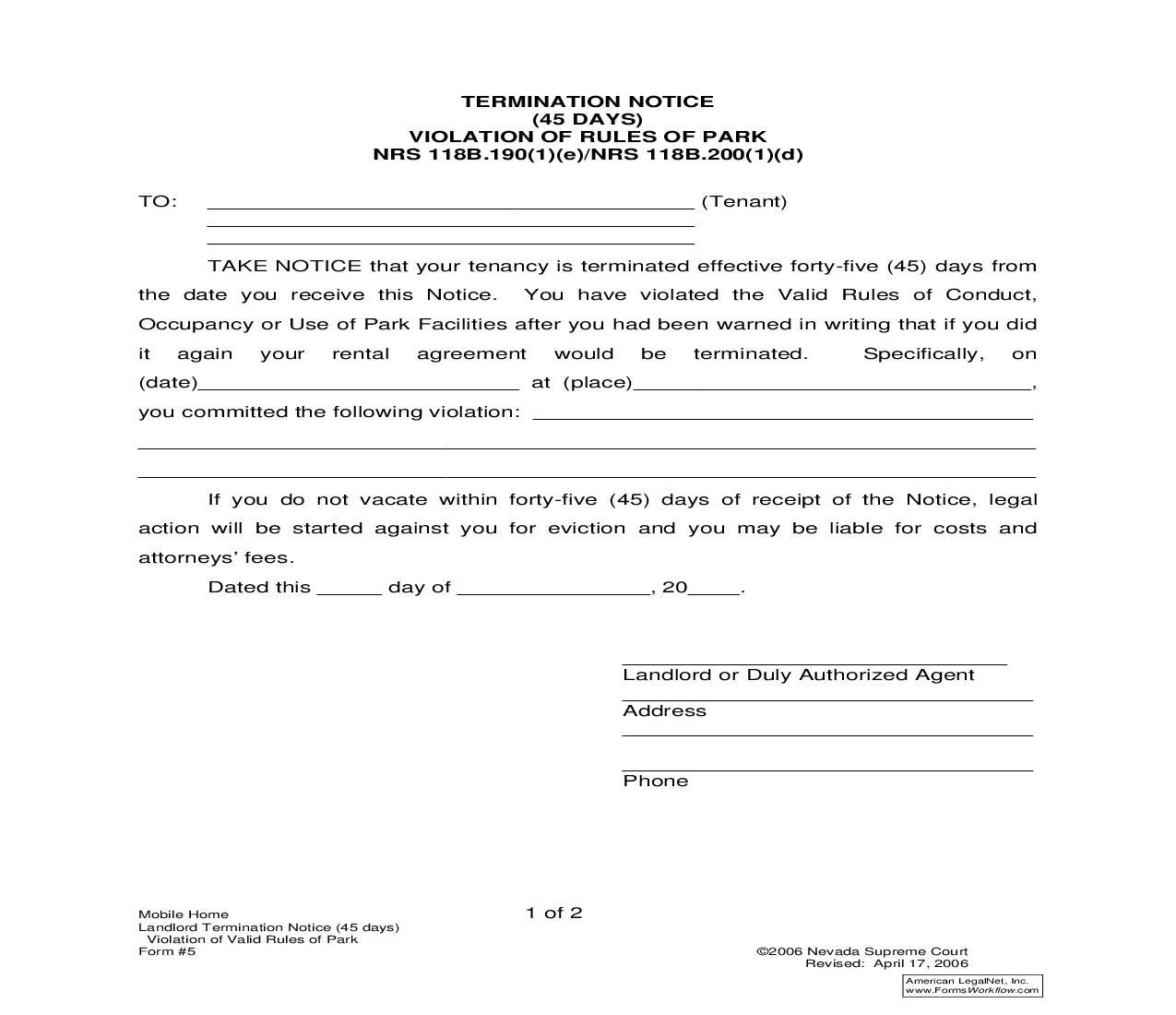 Termination Notice (45 days) - Violation Of Rules Of Park - NRS 118B.190(1)(e) Or NRS 118B.200(1)(d) {5} | Pdf Fpdf Doc Docx | Nevada