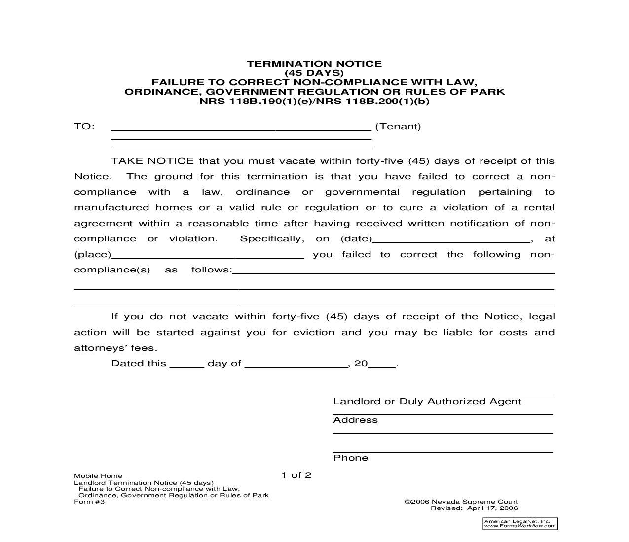 Termination Notice (45 days)-Failure To Correct Non-Compliance With Rules Of Park-NRS 118B.190(1)(e) Or 118B.200(1)(b) {3} | Pdf Fpdf Doc Docx | Nevada