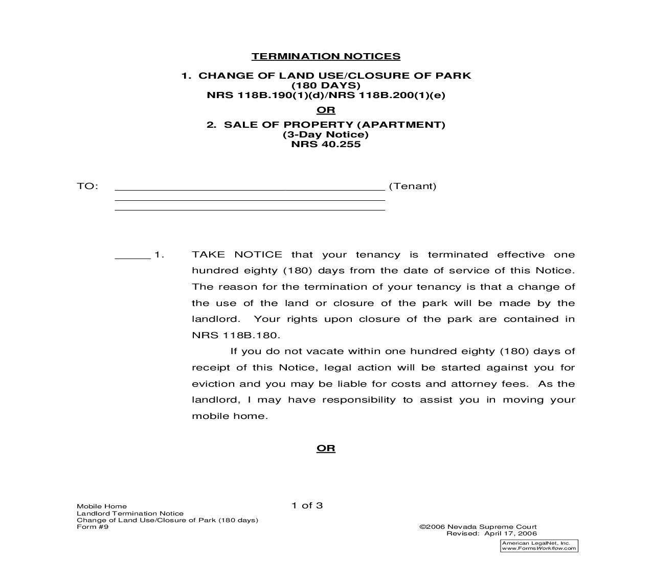 Termination Notices - Change Of Land Or Closure Of Park (180 Days) Or Sale Of Property (Apartment - 3 Days) - NRS 40.255 {9} | Pdf Fpdf Doc Docx | Nevada