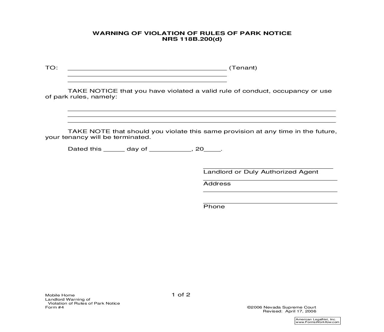 Warning Of Violation Of Rules Of Park Notice - NRS 118B.200(d) {4} | Pdf Fpdf Doc Docx | Nevada