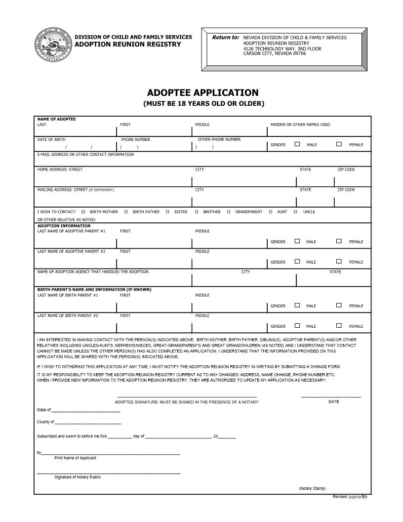 Adoptee Application | Pdf Fpdf Docx | Nevada