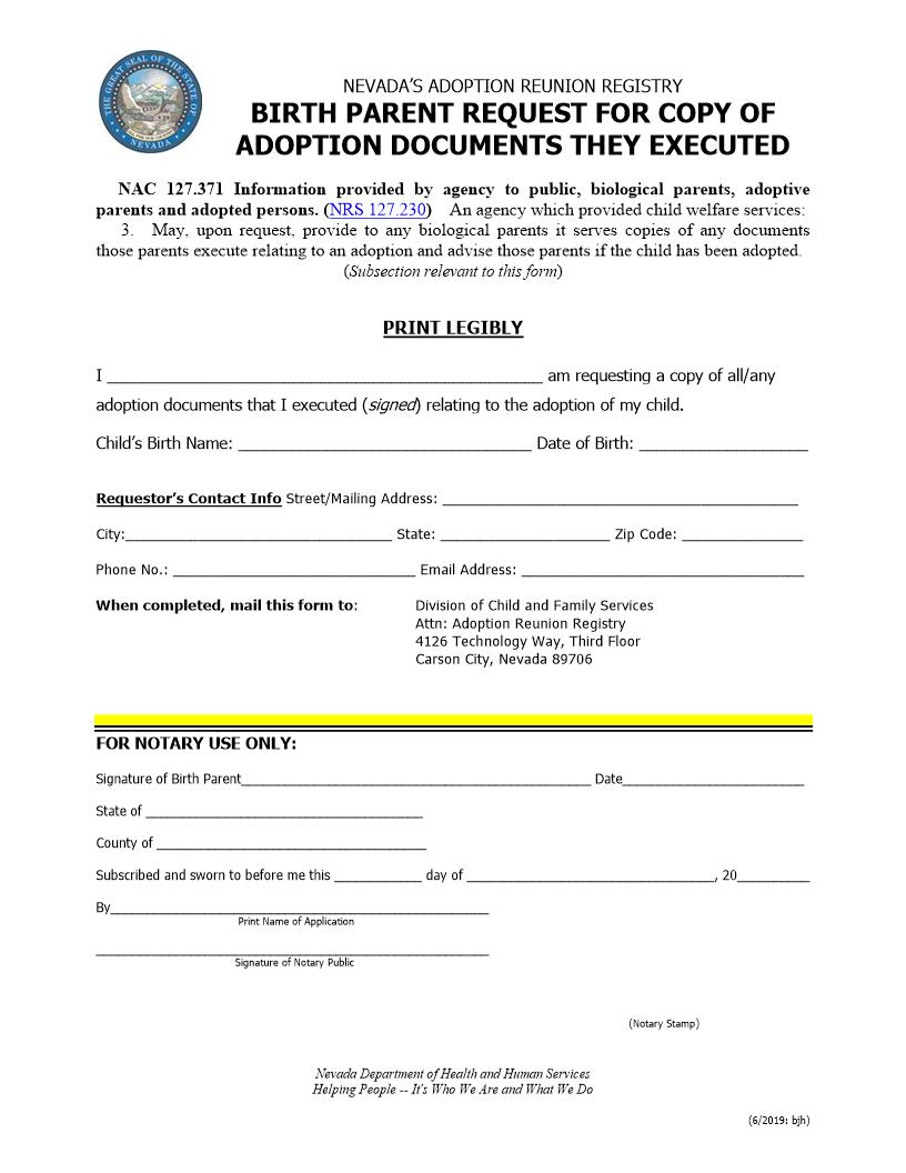 Birth Parent Request For Copy Of Adoption Documents | Pdf Fpdf Docx | Nevada