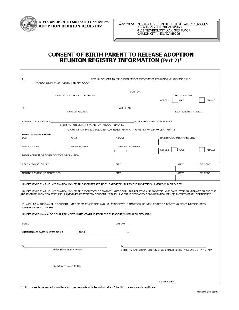 Consent Of Birth Parent To Release Adoption Reunion Registry Information | Pdf Fpdf Doc Docx | Nevada