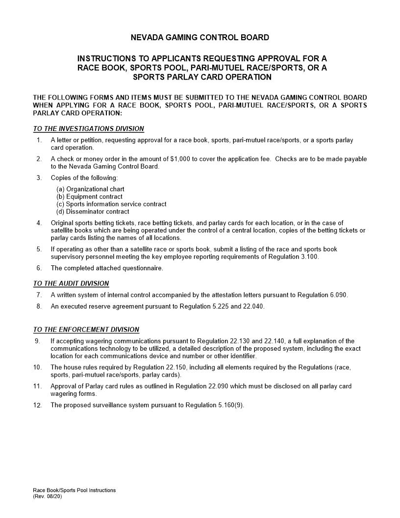 Application Instructions For A Race Book And Or Sports Pool | Pdf Fpdf Docx | Nevada