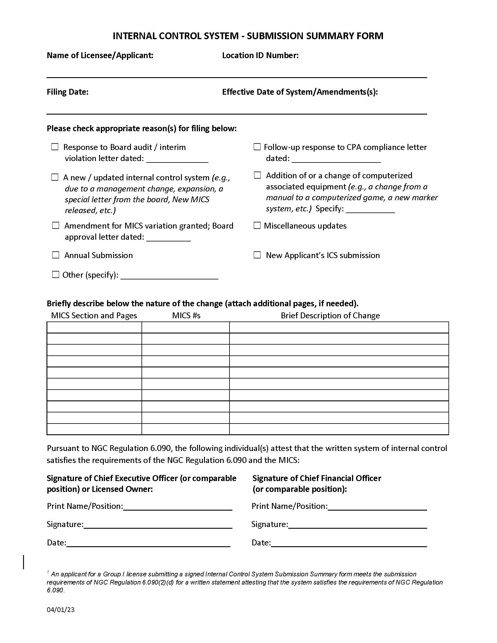 Internal Control System Submission Summary | Pdf Fpdf Doc Docx | Nevada