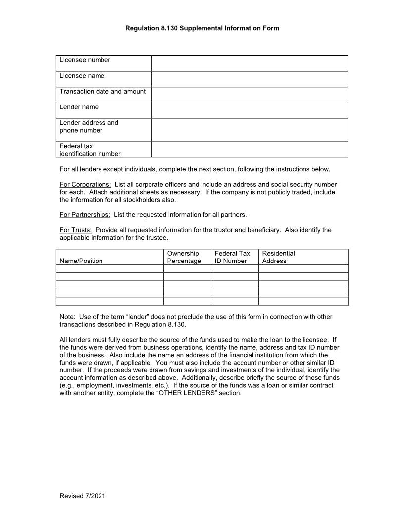 Regulation 8.130 Supplemental Information Form | Pdf Fpdf Docx | Nevada