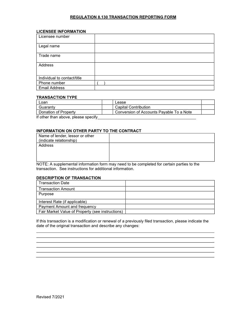 Regulation 8.130 Transaction Reporting Form | Pdf Fpdf Doc Docx | Nevada