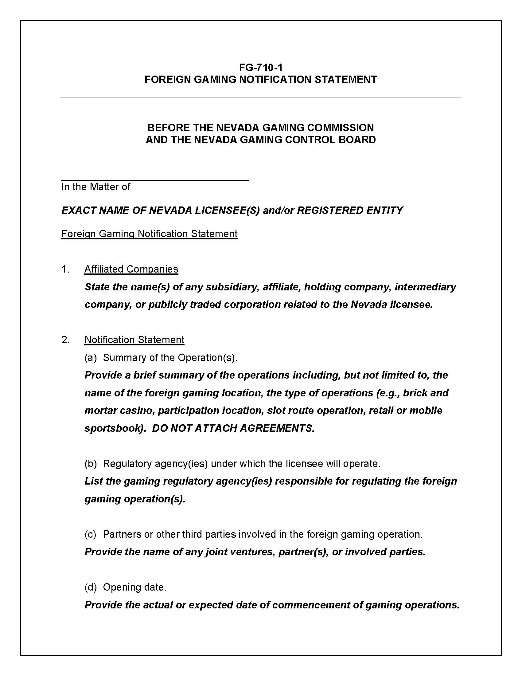 Foreign Gaming Notification Statement {FG-710-1} | Pdf Fpdf Doc Docx | Nevada