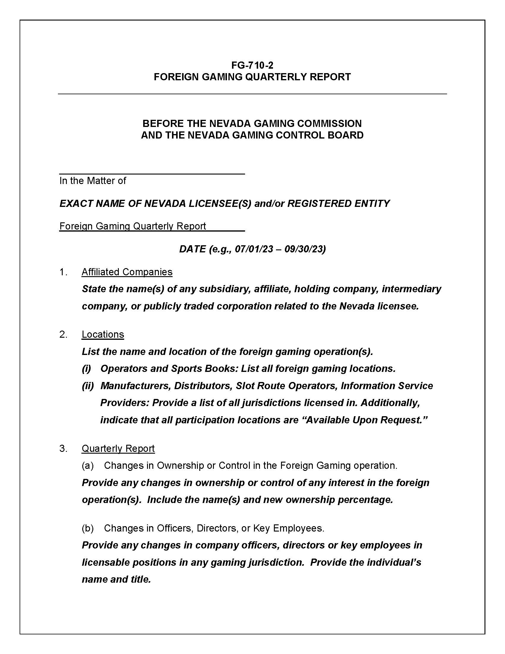 Foreign Gaming Quarterly Report {FG-710-2} | Pdf Fpdf Doc Docx | Nevada