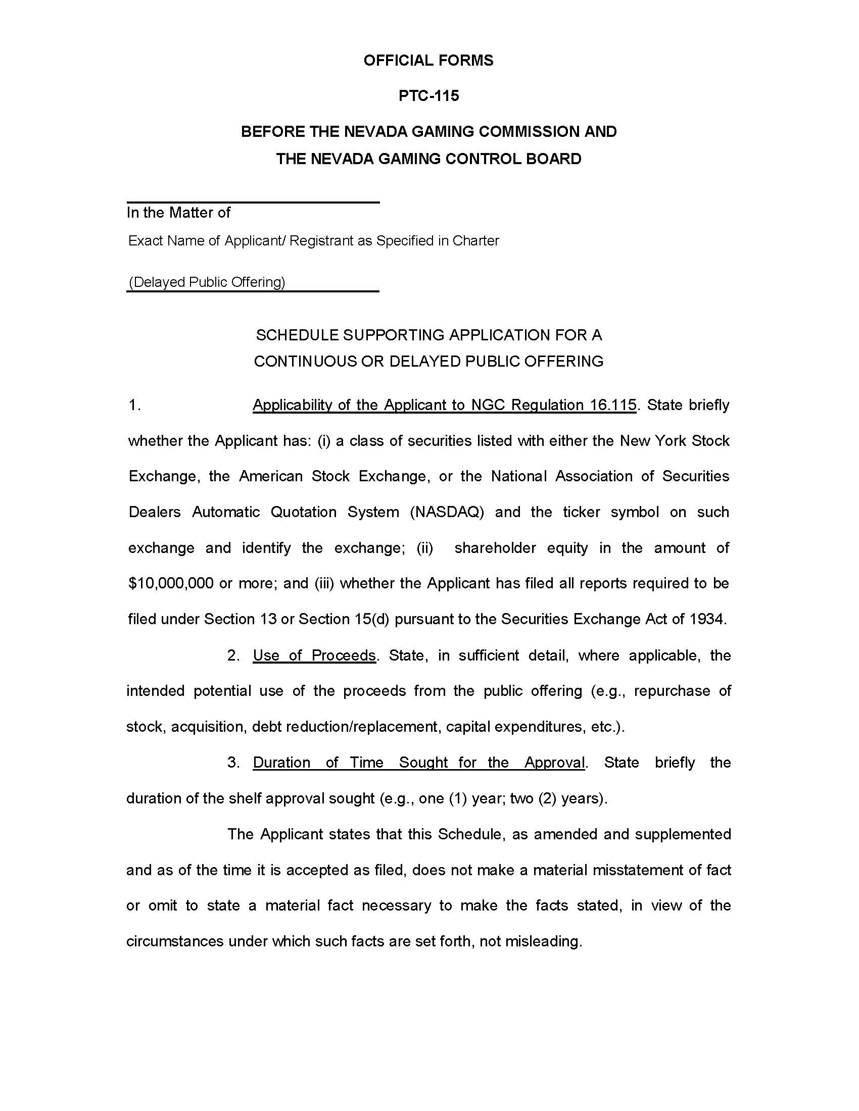 Schedule Supporting Application For A Continuous Or Delayed Public Offering {PTC-115} | Pdf Fpdf Doc Docx | Nevada