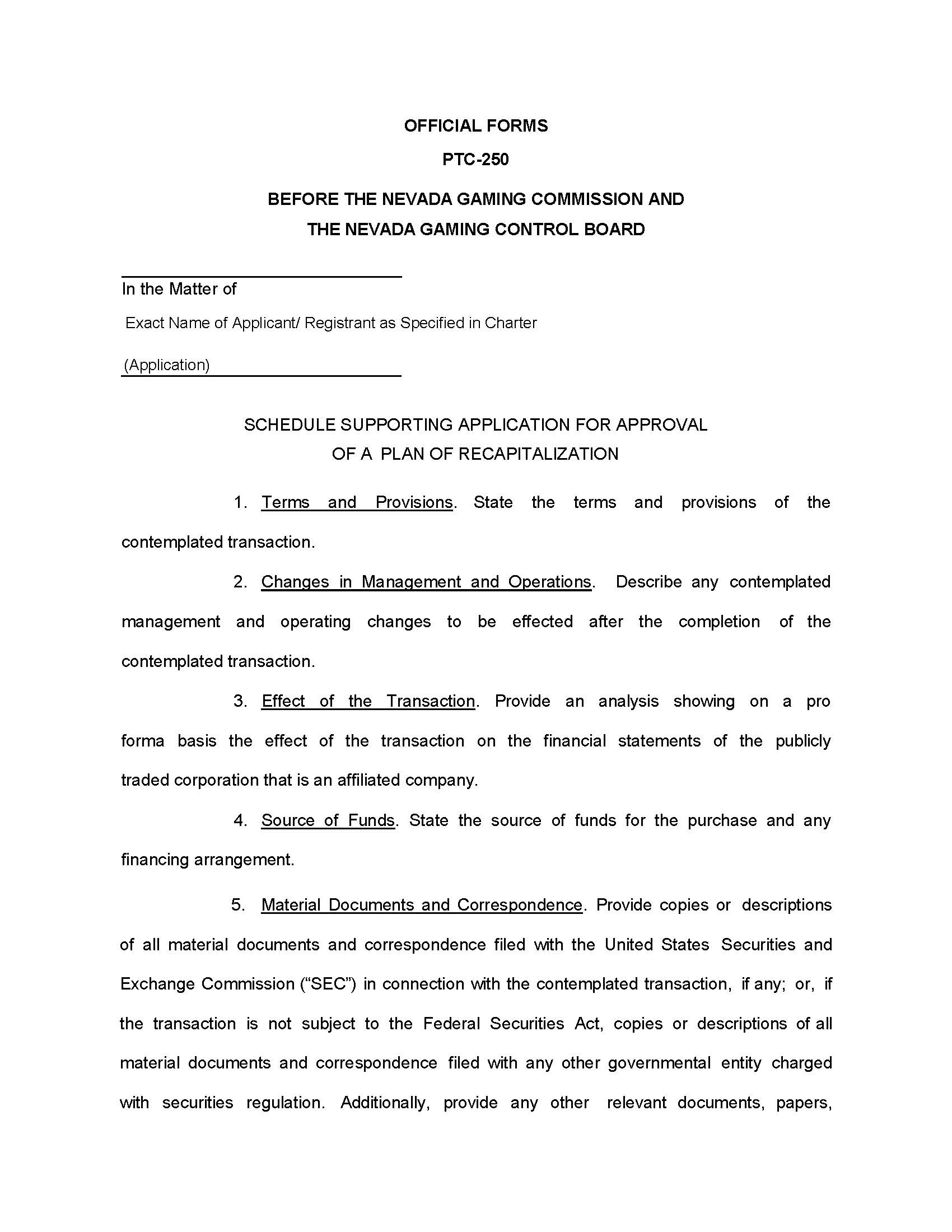 Schedule Supporting Application For Approval For A Plan Of Recapitalization {PTC-250} | Pdf Fpdf Doc Docx | Nevada