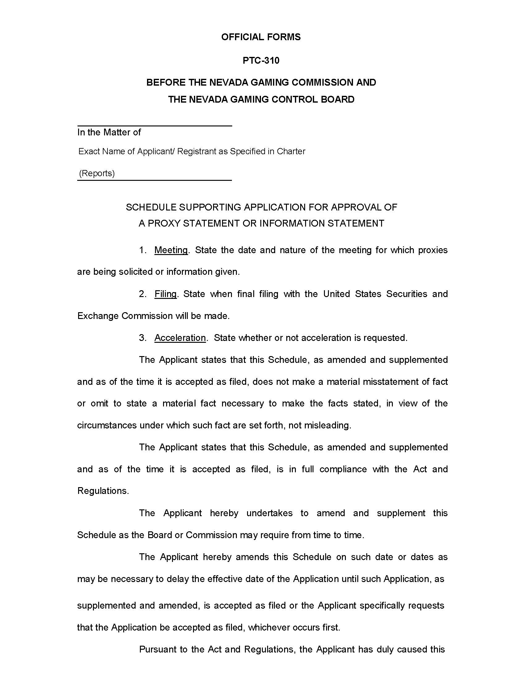 Schedule Supporting Application For Approval Of A Proxy Statement Or Information {PTC-310} | Pdf Fpdf Doc Docx | Nevada