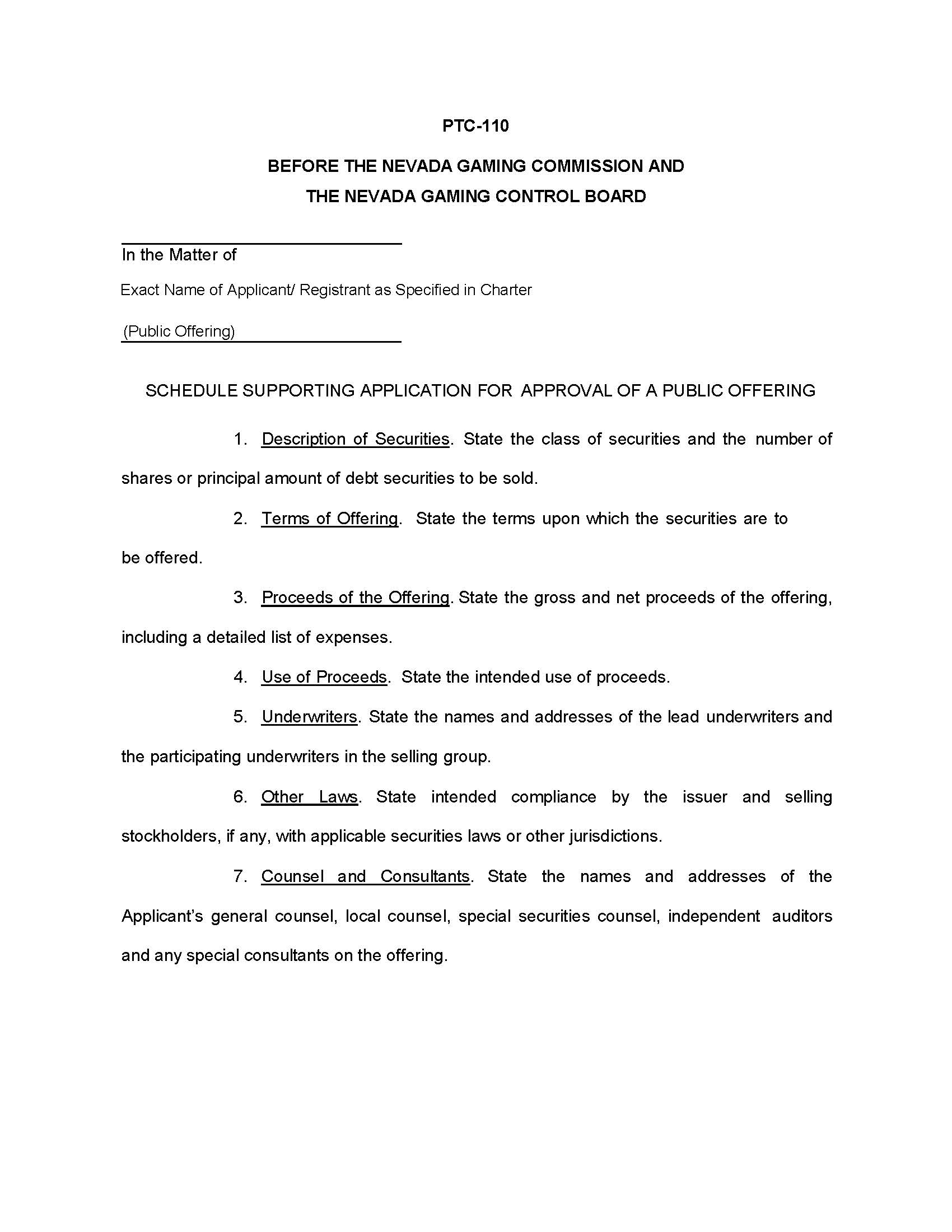 Schedule Supporting Application For Approval Of A Public Offering {PTC-110} | Pdf Fpdf Doc Docx | Nevada