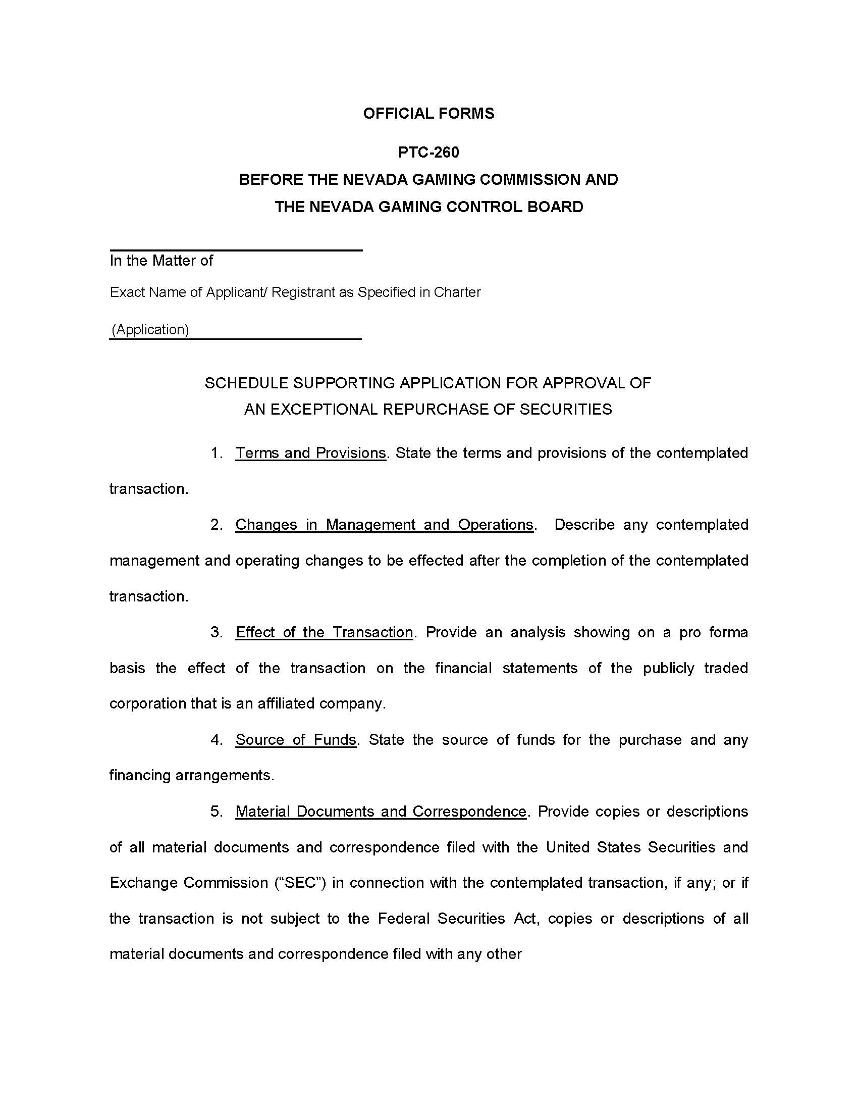 Schedule Supporting Application For Approval Of An Exceptional Repurchase {PTC-260} | Pdf Fpdf Doc Docx | Nevada
