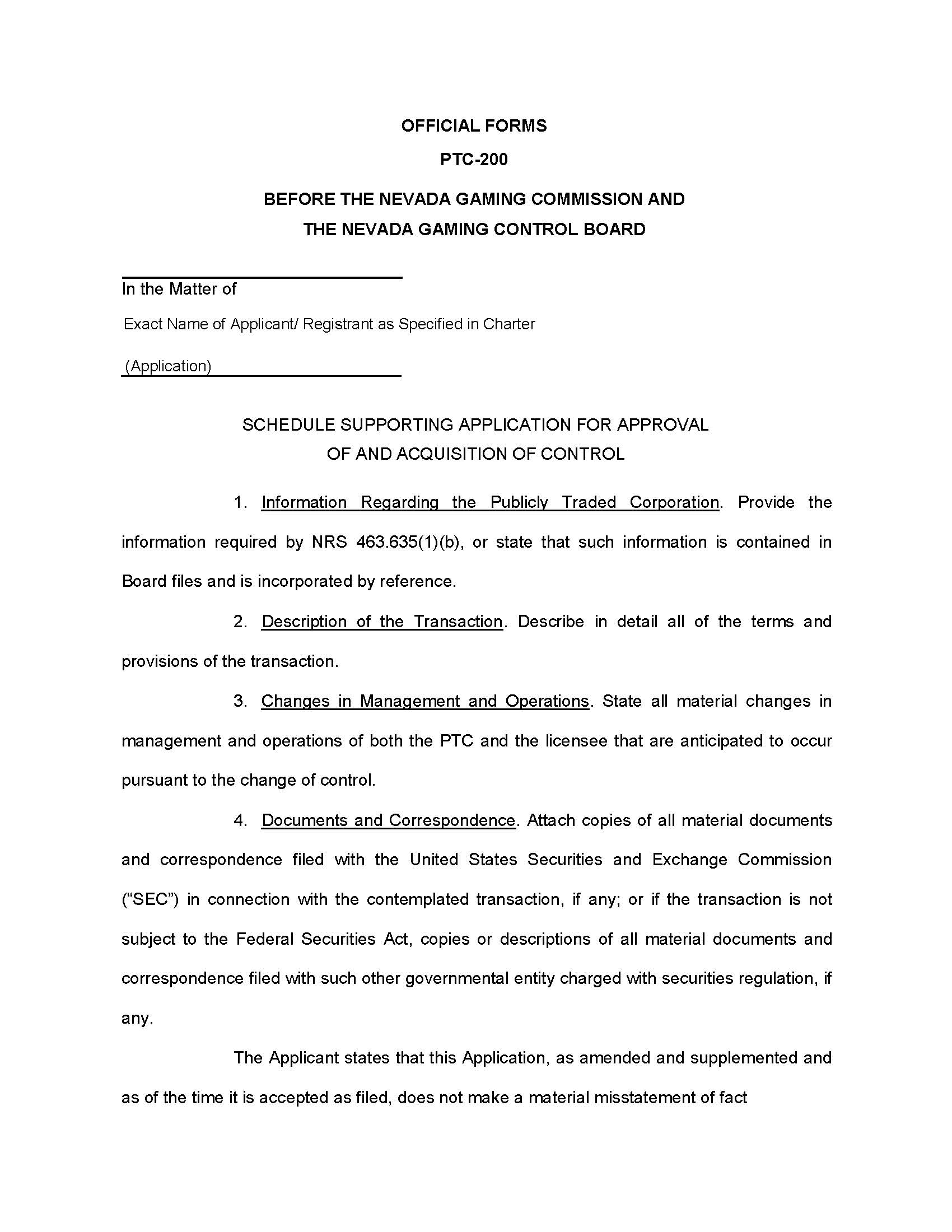Schedule Supporting Application For Approval Of And Acquisition Of Control {PTC-200} | Pdf Fpdf Doc Docx | Nevada