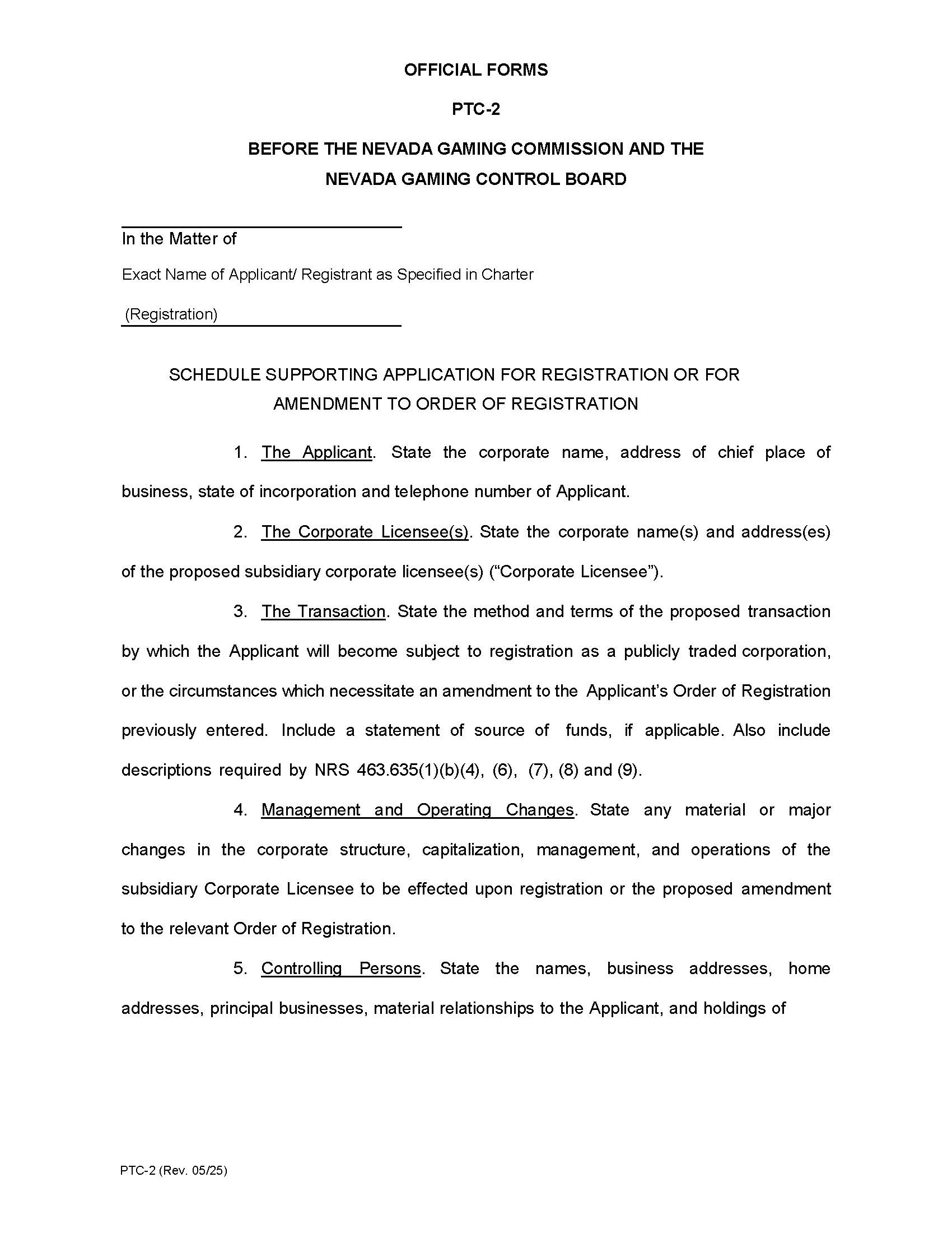 Schedule Supporting Application For Registration Or For Amendment {PTC-2} | Pdf Fpdf Doc Docx | Nevada