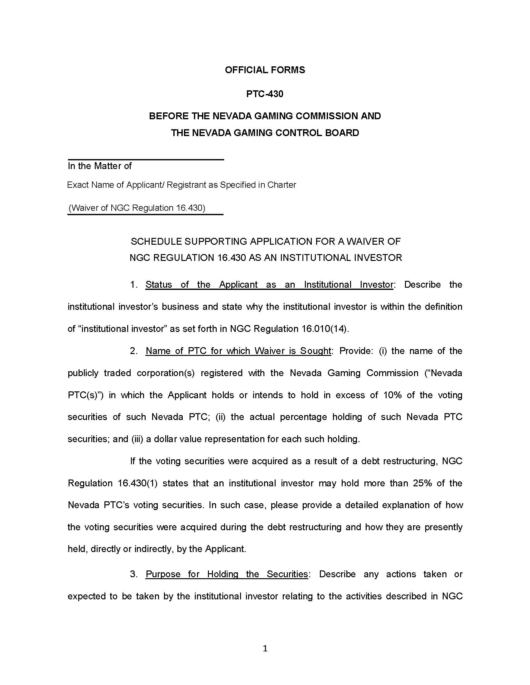 Schedule Supporting Application For Waiver Of NGC Reg 16.430 As Institutional Investor {PTC-430} | Pdf Fpdf Doc Docx | Nevada