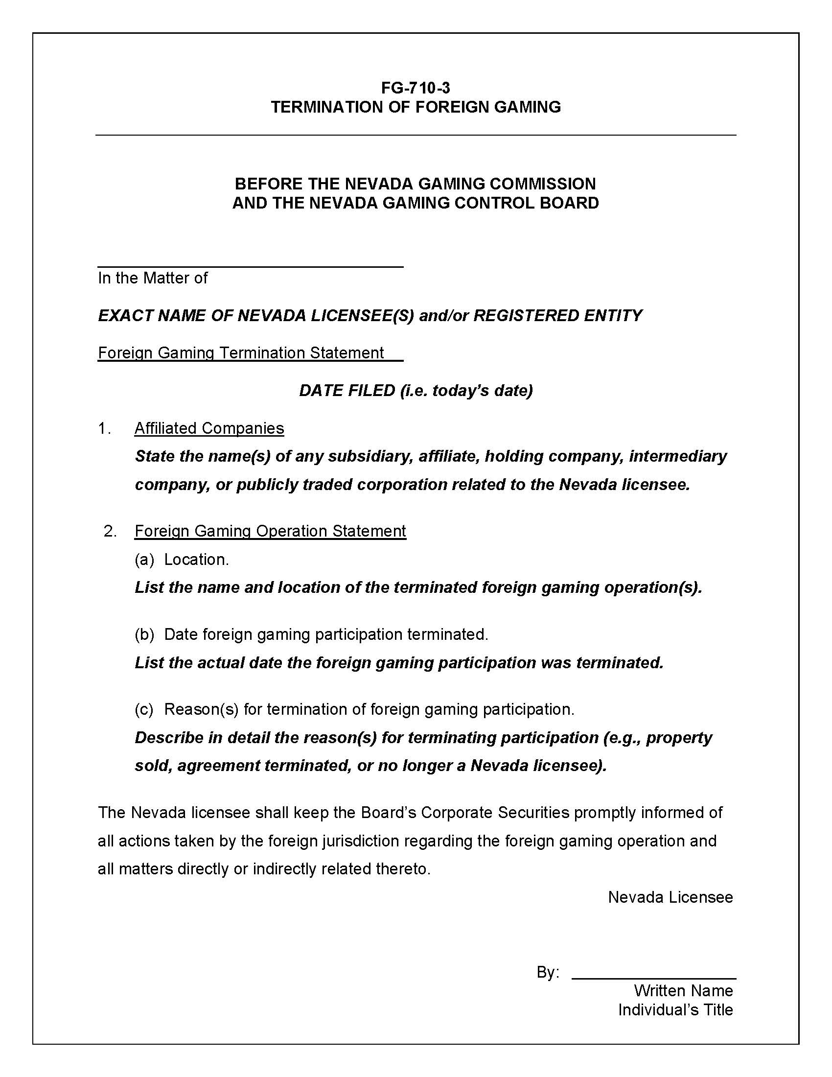 Termination Of Foreign Gaming {FG-710-3} | Pdf Fpdf Doc Docx | Nevada