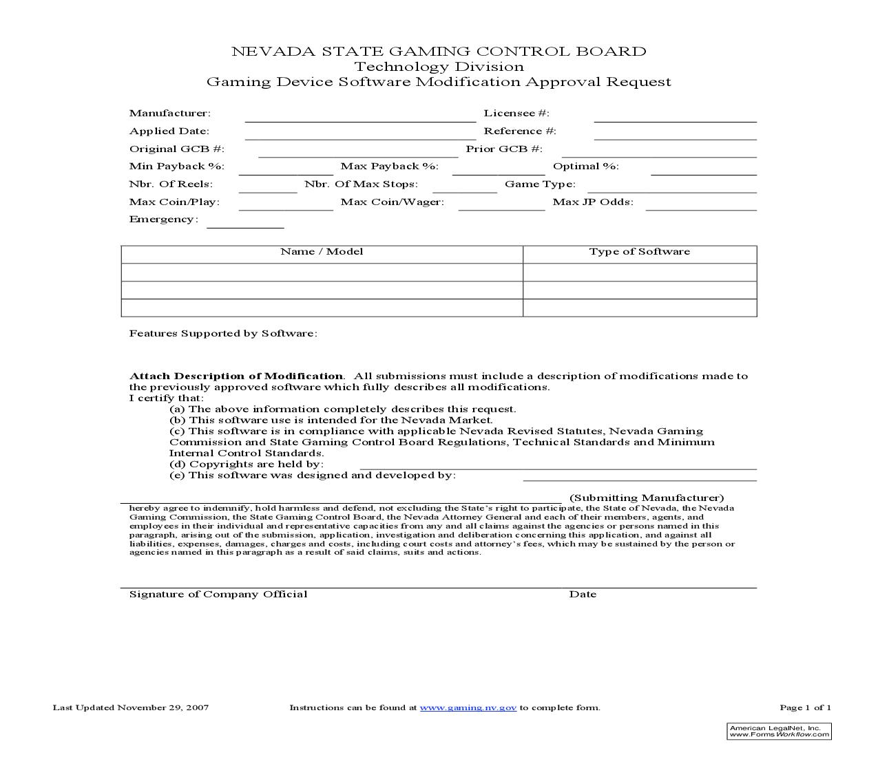 Gaming Device Software Modification Request Form | Pdf Fpdf Doc Docx | Nevada
