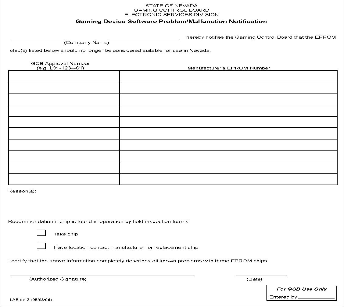 Gaming Device Software Problem Malfunction Notification | Pdf Fpdf Doc Docx | Nevada