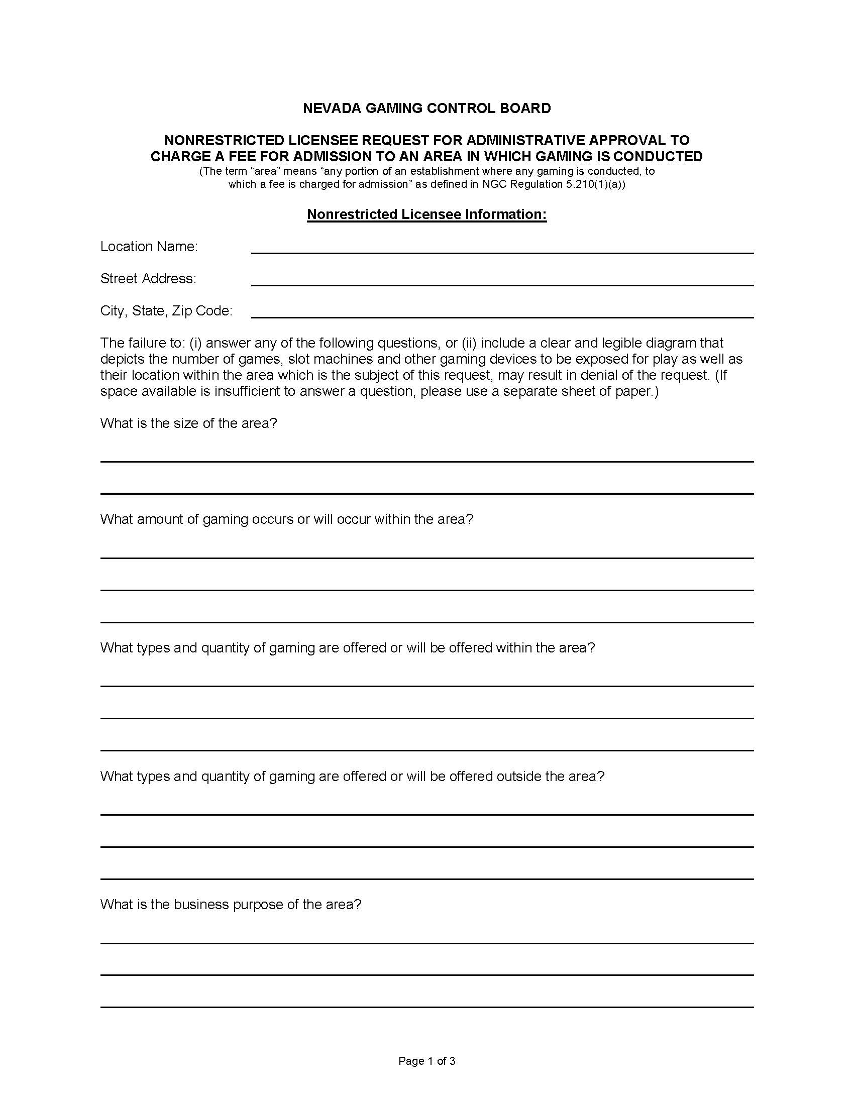Nonrestricted Licensee Request For Administrative Approval To Charge A Fee For Admission | Pdf Fpdf Doc Docx | Nevada