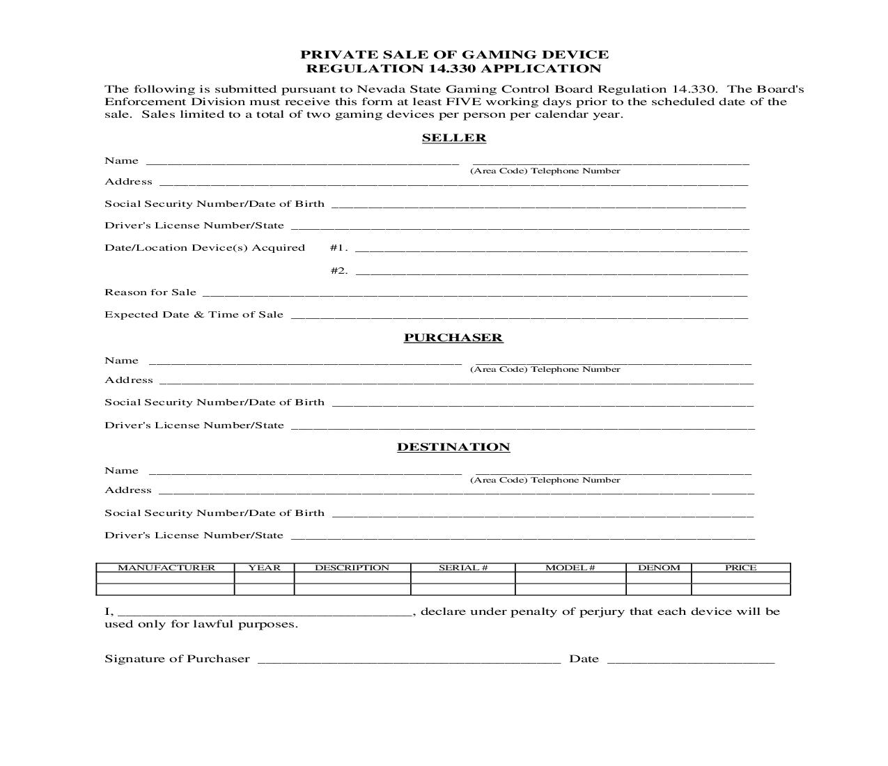 Private Sale Of Gaming Device Regulation 14.330 Application | Pdf Fpdf Doc Docx | Nevada