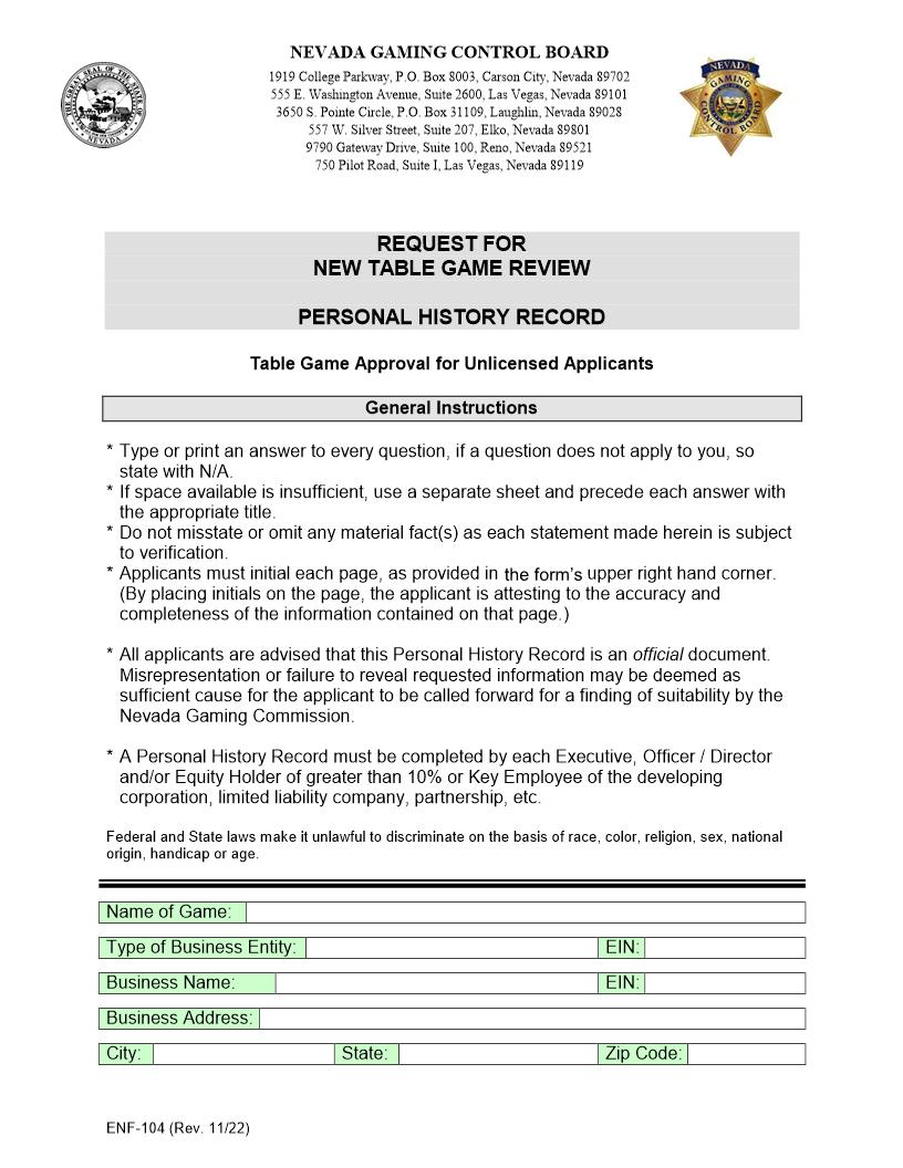 Request For New Table Game Review {ENF-104} | Pdf Fpdf Docx | Nevada