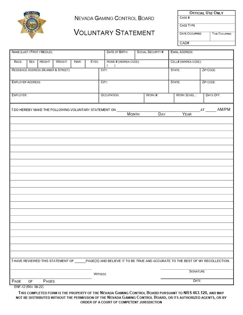 Voluntary Statement {ENF-12} | Pdf Fpdf Doc Docx | Nevada