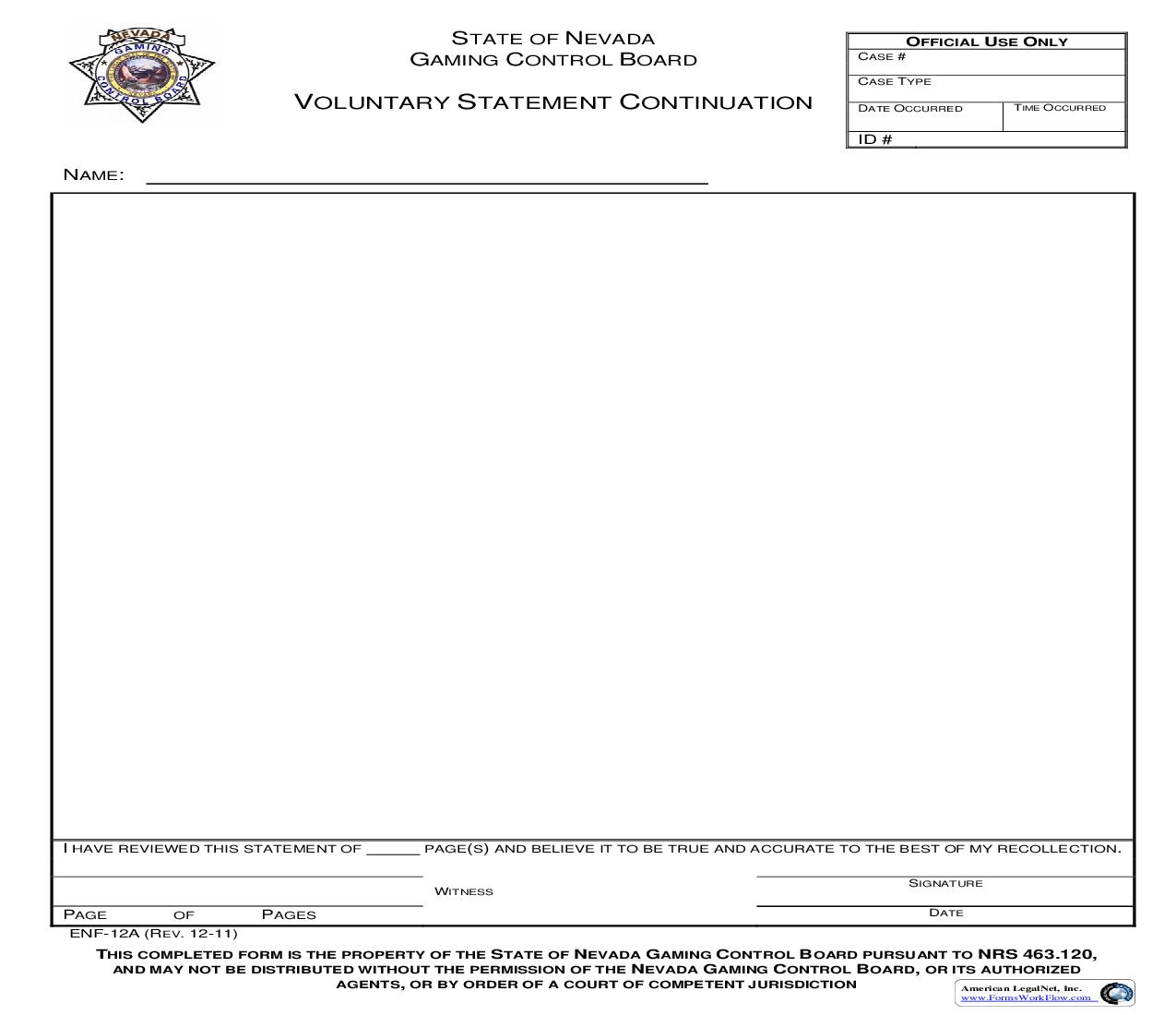 Voluntary Statement Continuation {ENF-12A} | Pdf Fpdf Doc Docx | Nevada