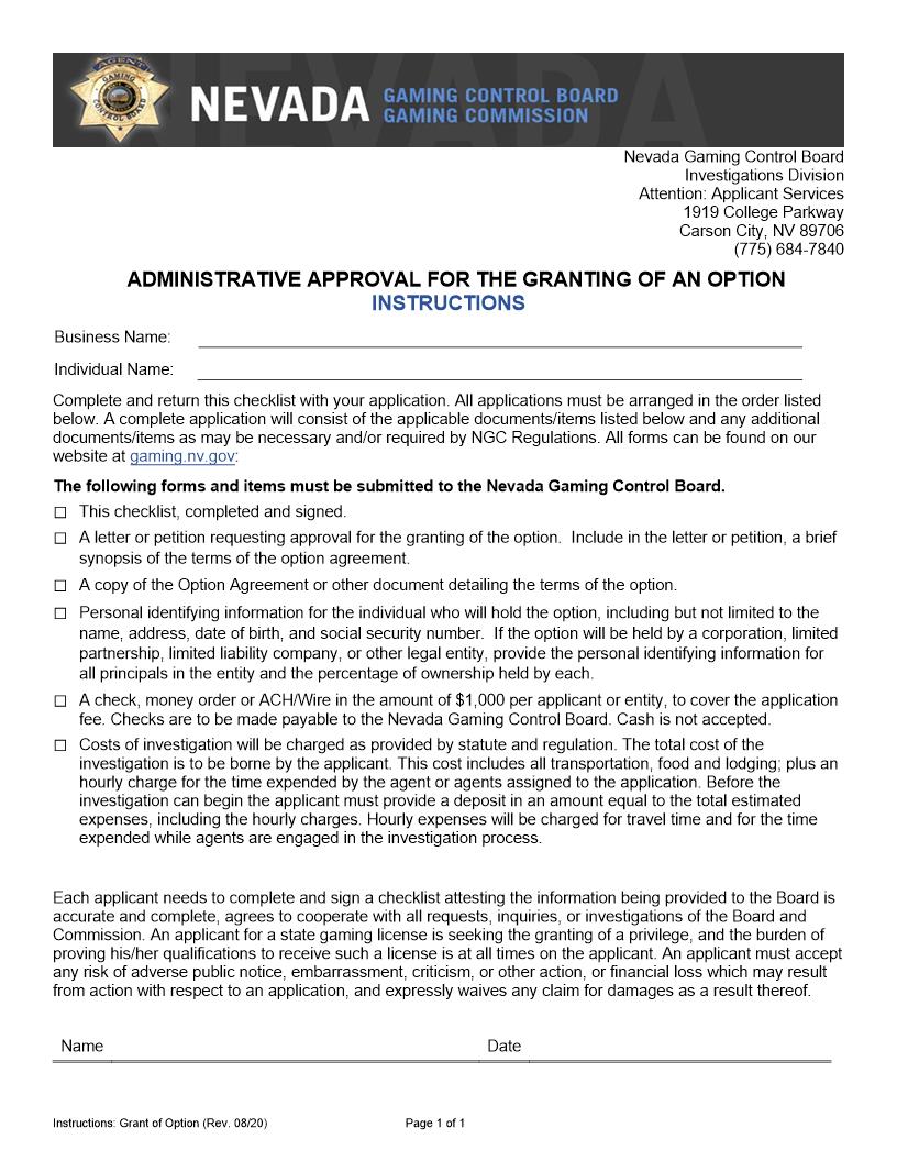Administrative Approval For The Granting Of An Option (Checklist) | Pdf Fpdf Docx | Nevada