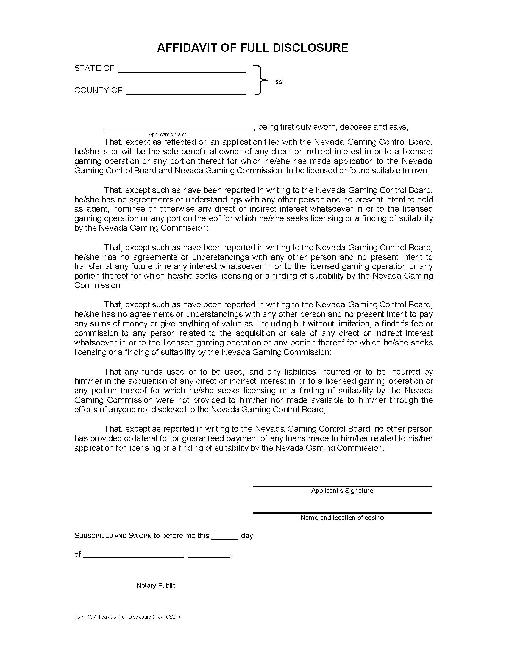 Affidavit Of Full Disclosure {10} | Pdf Fpdf Docx | Nevada