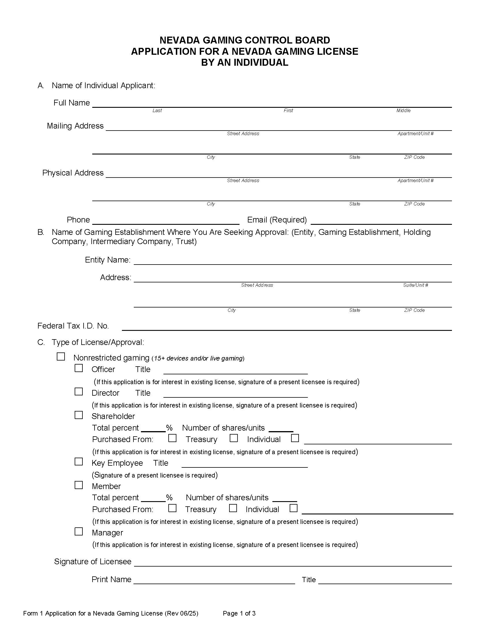 Application For A Nevada Gaming License {1} | Pdf Fpdf Docx | Nevada