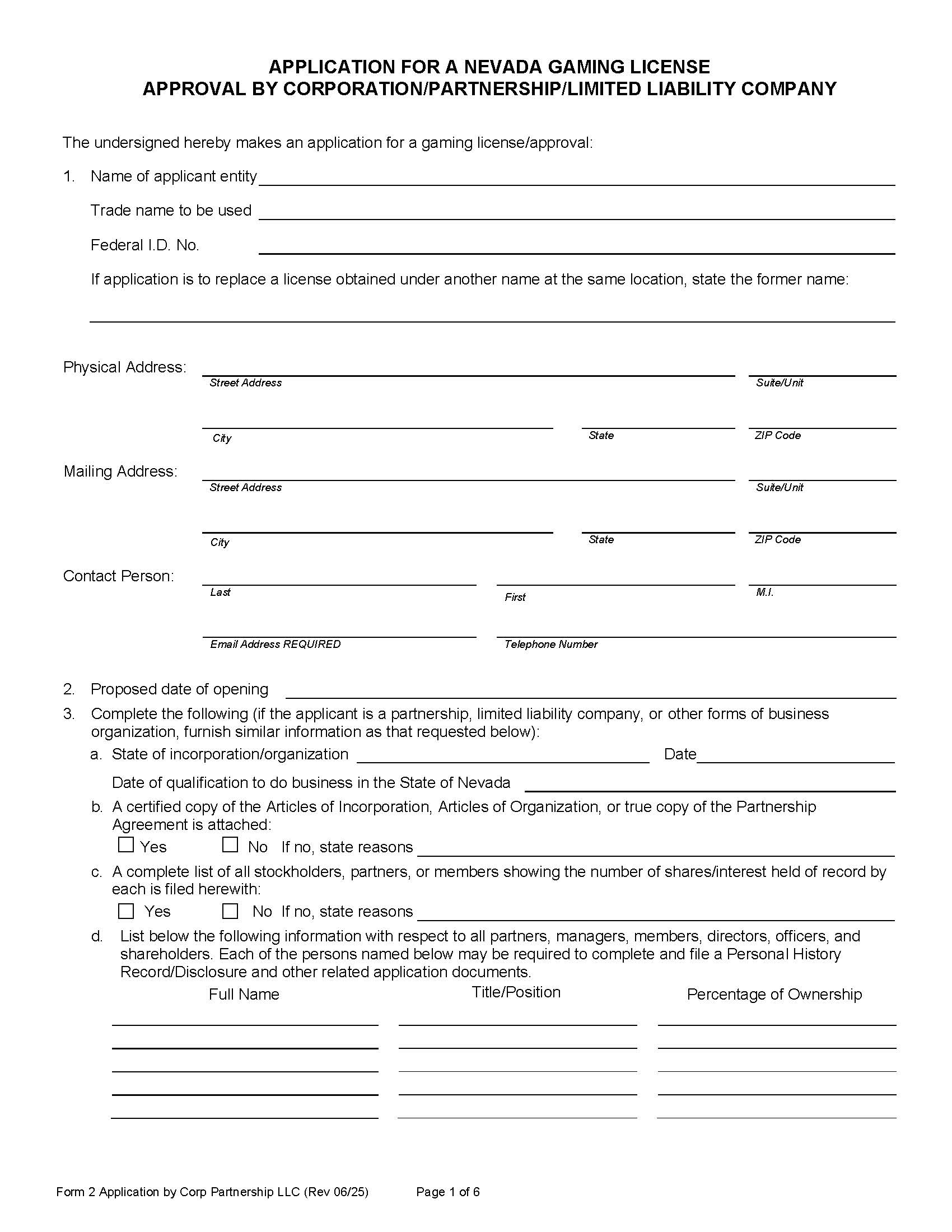 Application For A Nevada Gaming License Or Approval By Corp Company {2} | Pdf Fpdf Docx | Nevada