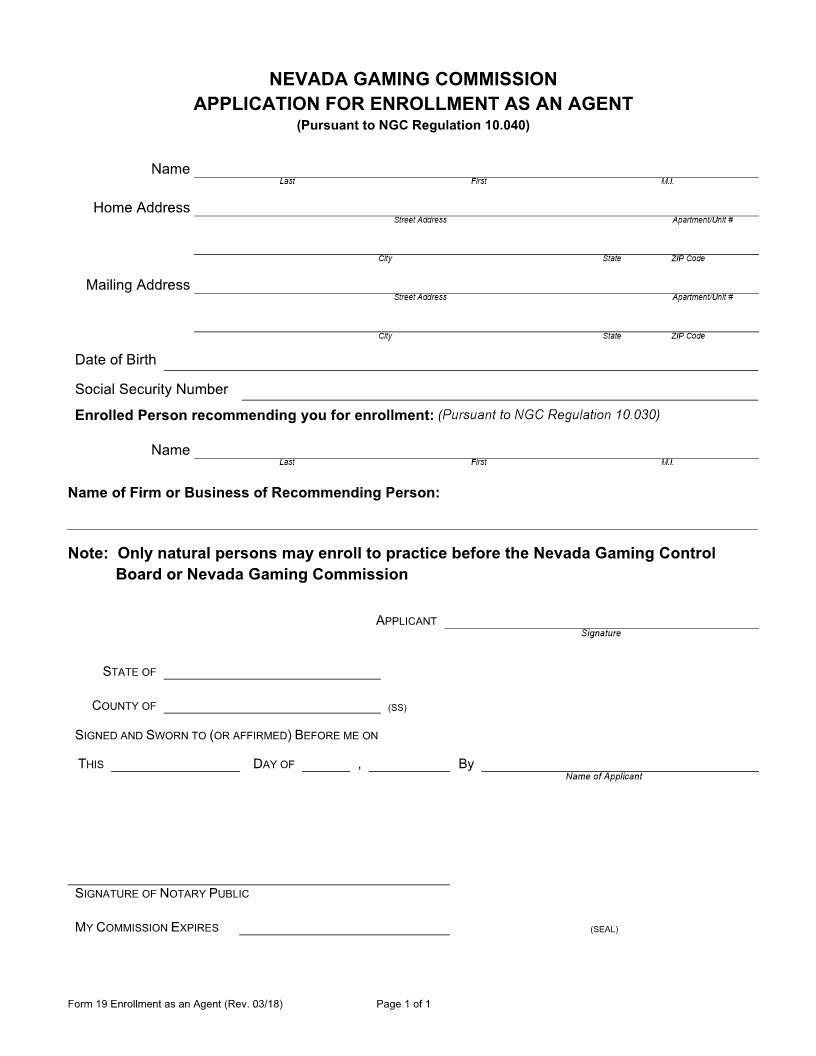 Application For Enrollment As An Agent {19} | Pdf Fpdf Docx | Nevada