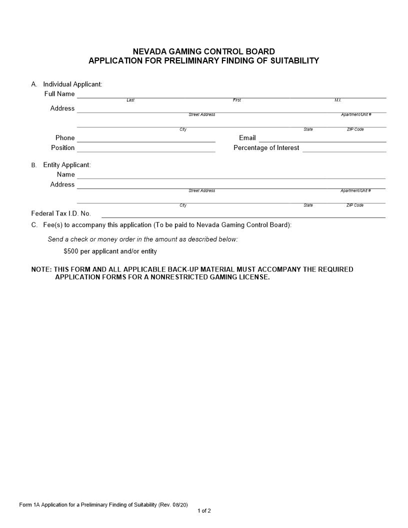 Application For Preliminary Finding Of Suitability {1A} | Pdf Fpdf Docx | Nevada