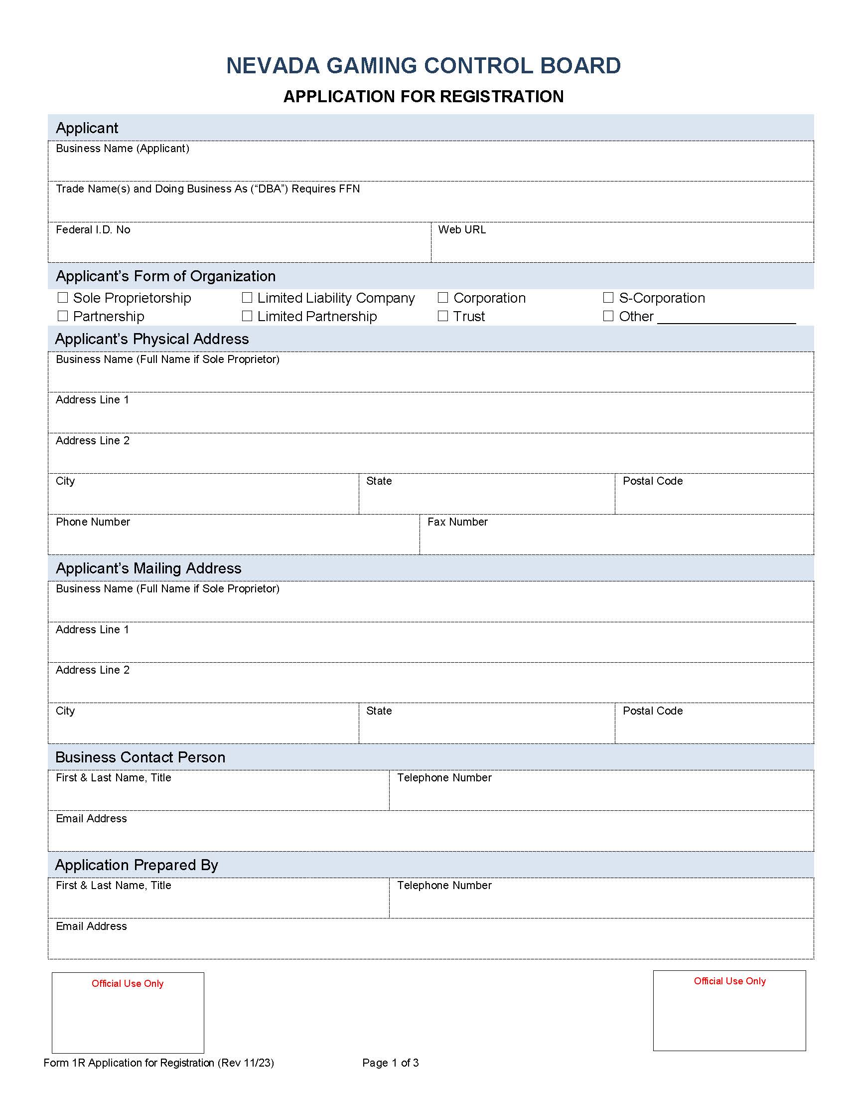 Application For Registration {1R} | Pdf Fpdf Docx | Nevada