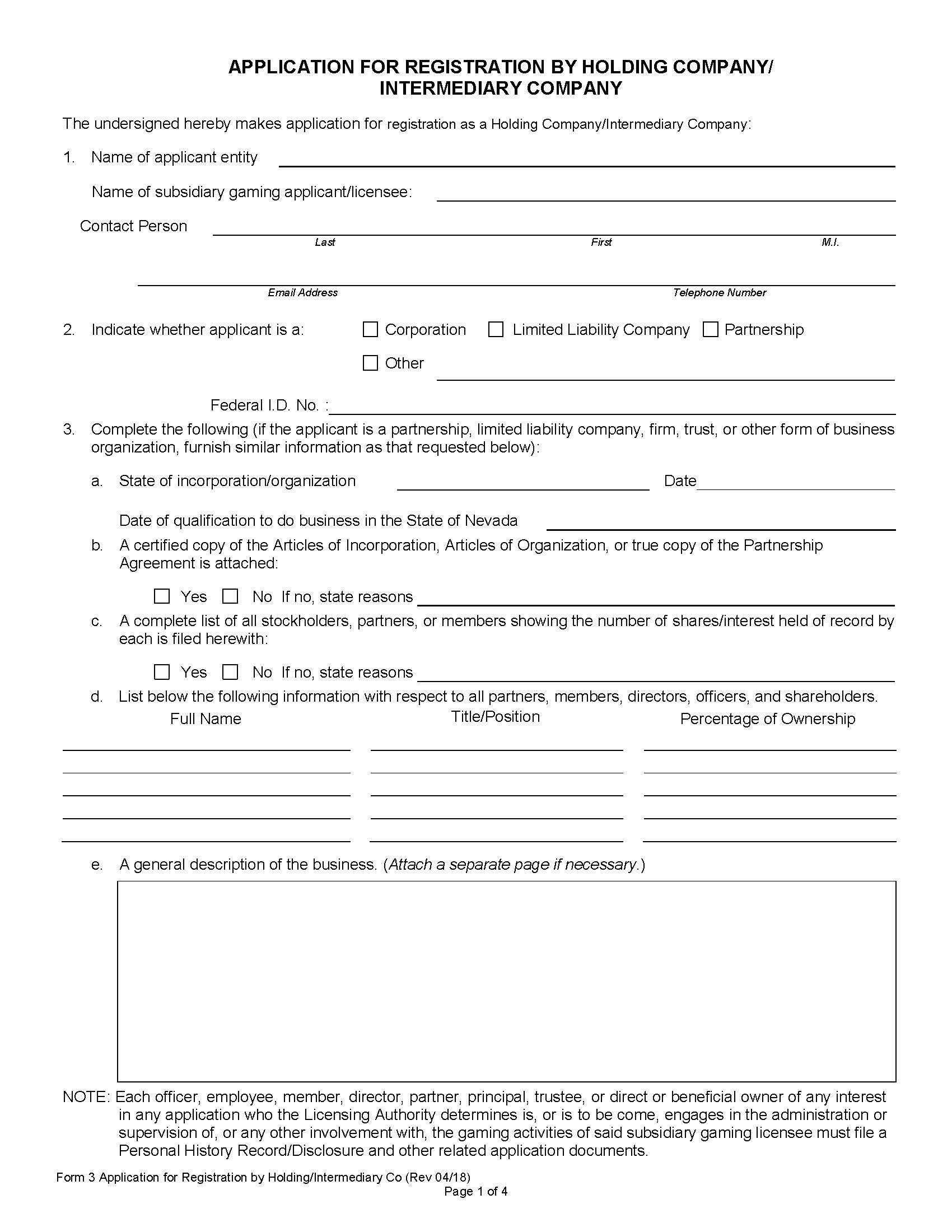 Application For Registration By Holding Company-Intermediary Company {3} | Pdf Fpdf Docx | Nevada