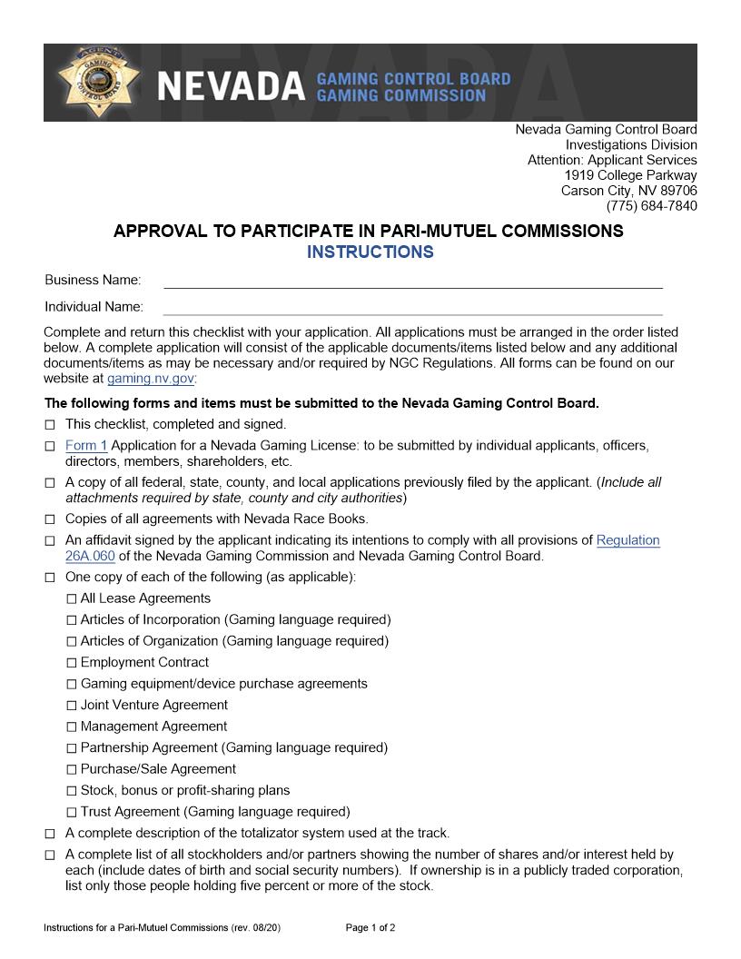Approval To Participate In Pari-Mutual Commissions (Checklist) | Pdf Fpdf Docx | Nevada
