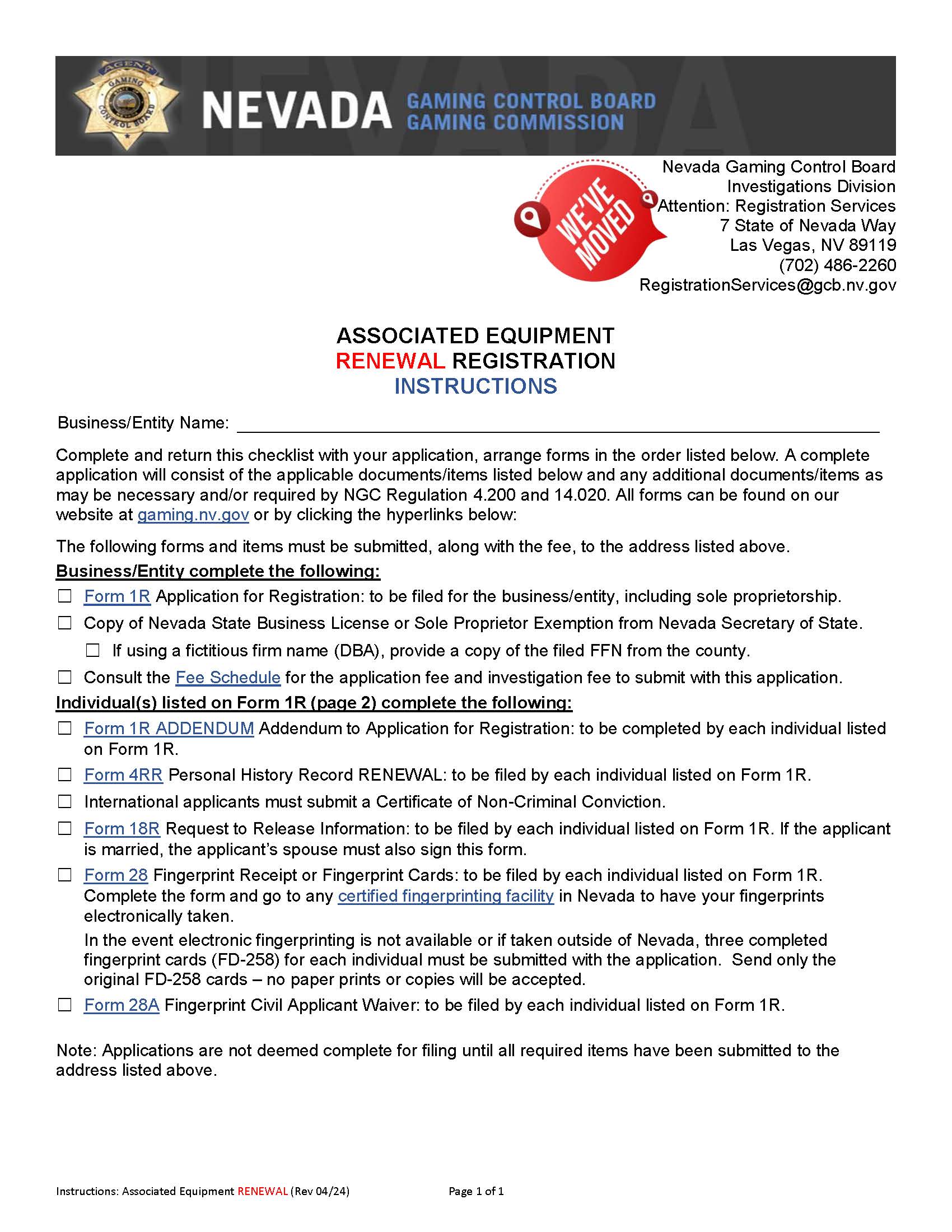 Associated Equipment Renewal Registration (Checklist) | Pdf Fpdf Docx | Nevada
