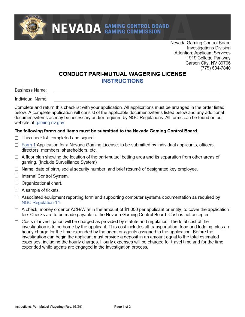 Conduct Pari-Mutual Wagering License (Checklist) | Pdf Fpdf Docx | Nevada