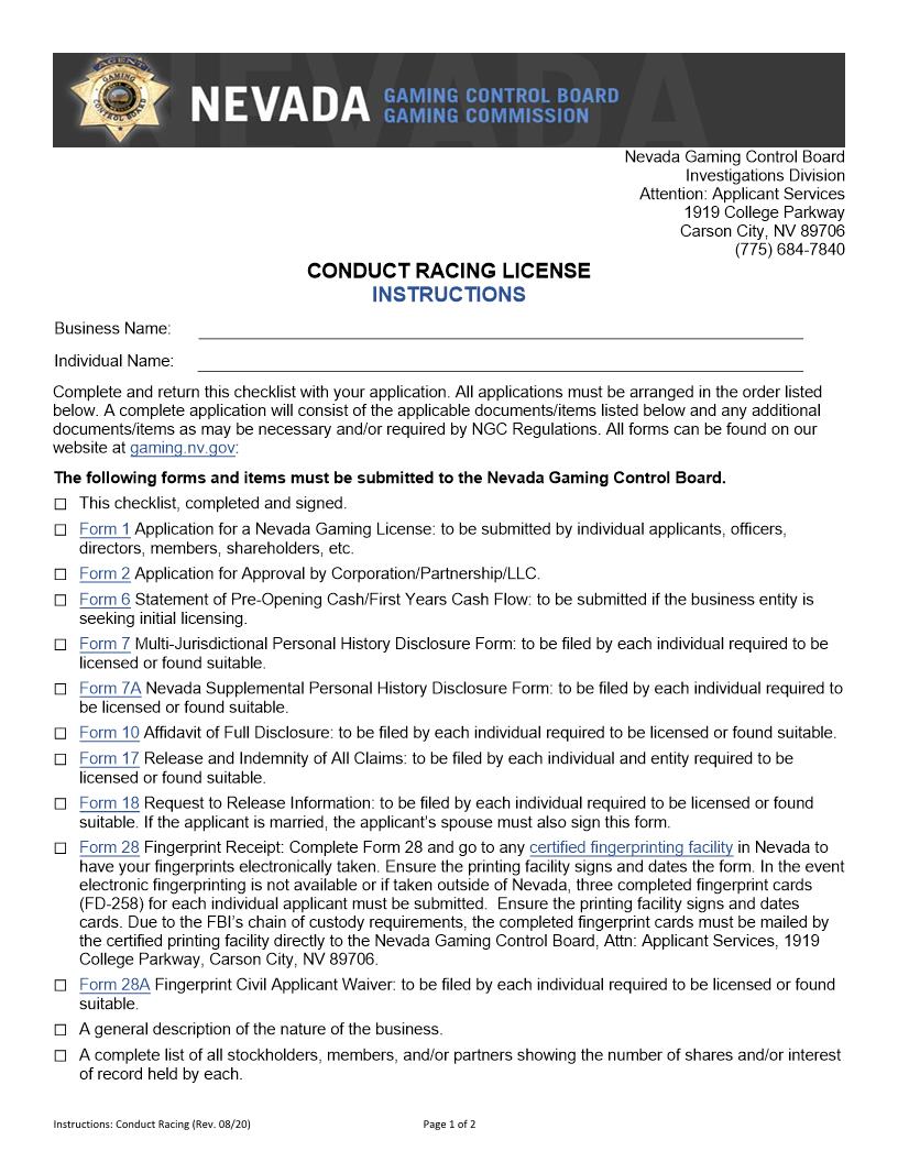 Conduct Racing License (Checklist) | Pdf Fpdf Docx | Nevada
