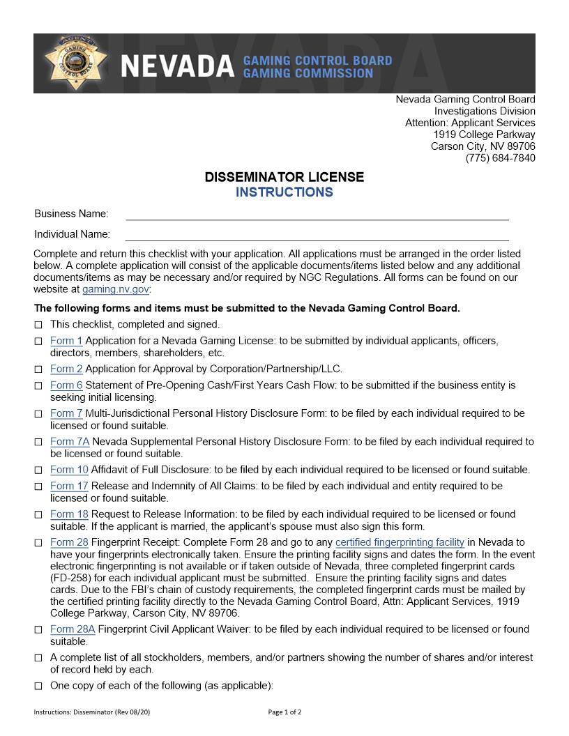 Disseminator License (Checklist) | Pdf Fpdf Docx | Nevada