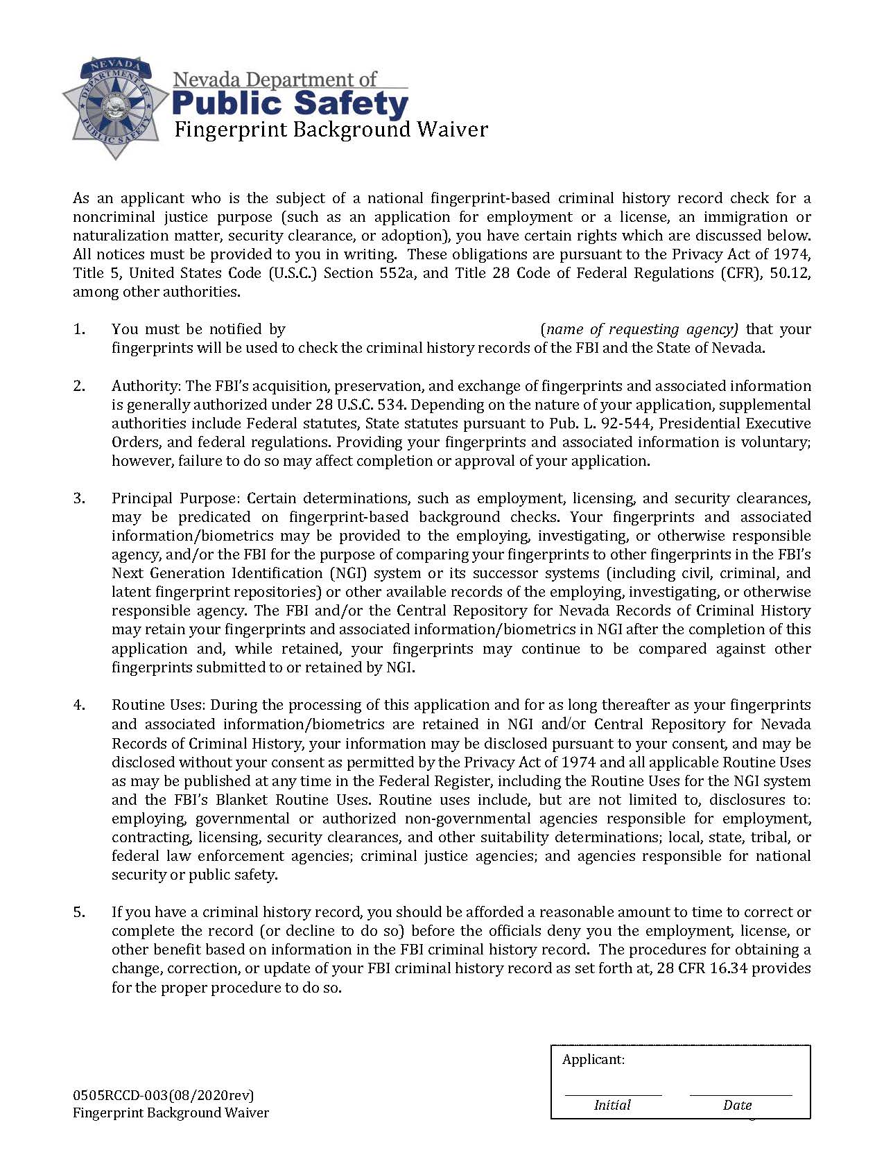 Fingerprint Background Waiver {28A} | Pdf Fpdf Docx | Nevada