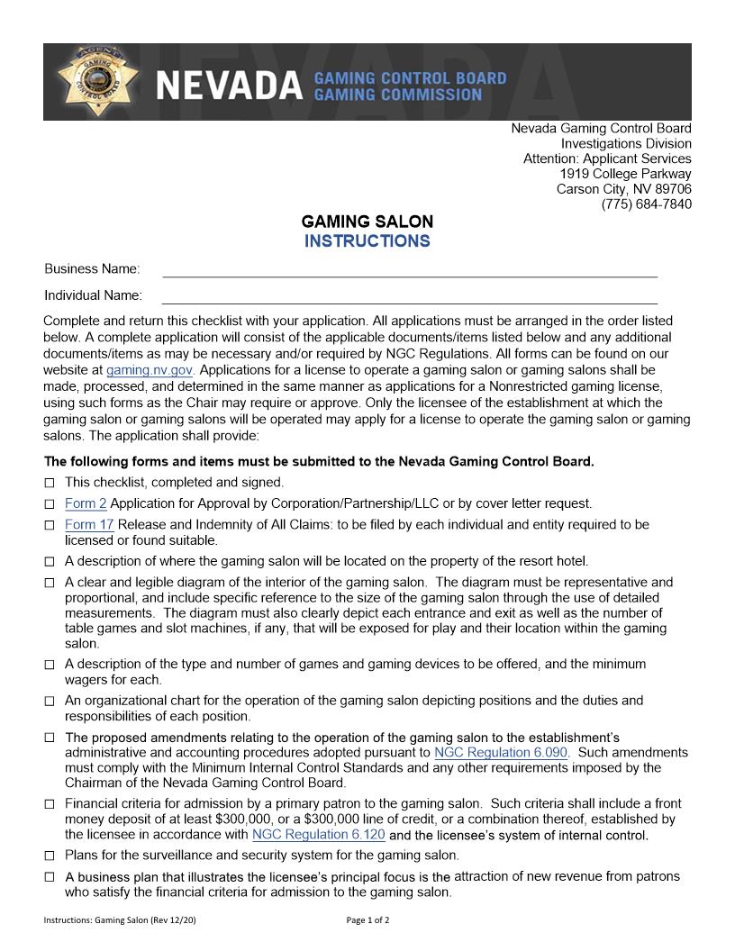 Gaming Salon (Checklist) | Pdf Fpdf Docx | Nevada