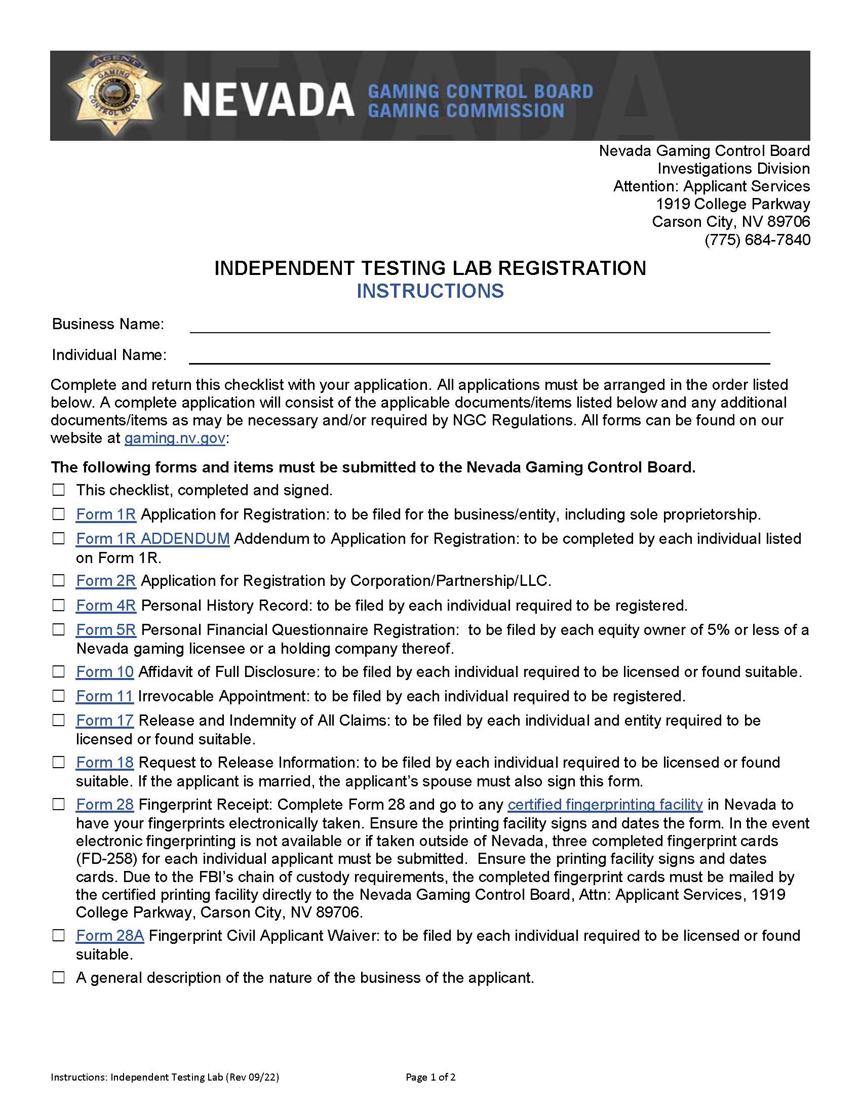 Independent Testing Lab Registration (Checklist) | Pdf Fpdf Docx | Nevada