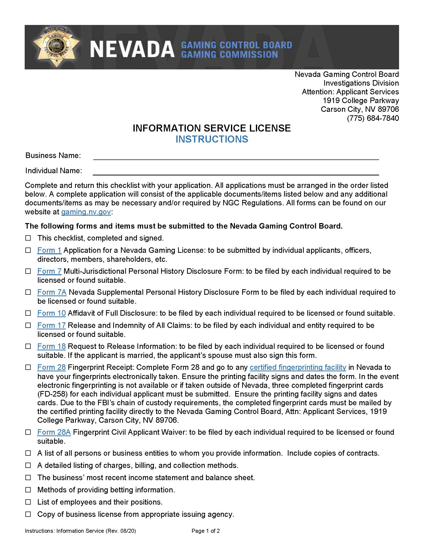 Information Service License (Checklist) | Pdf Fpdf Docx | Nevada