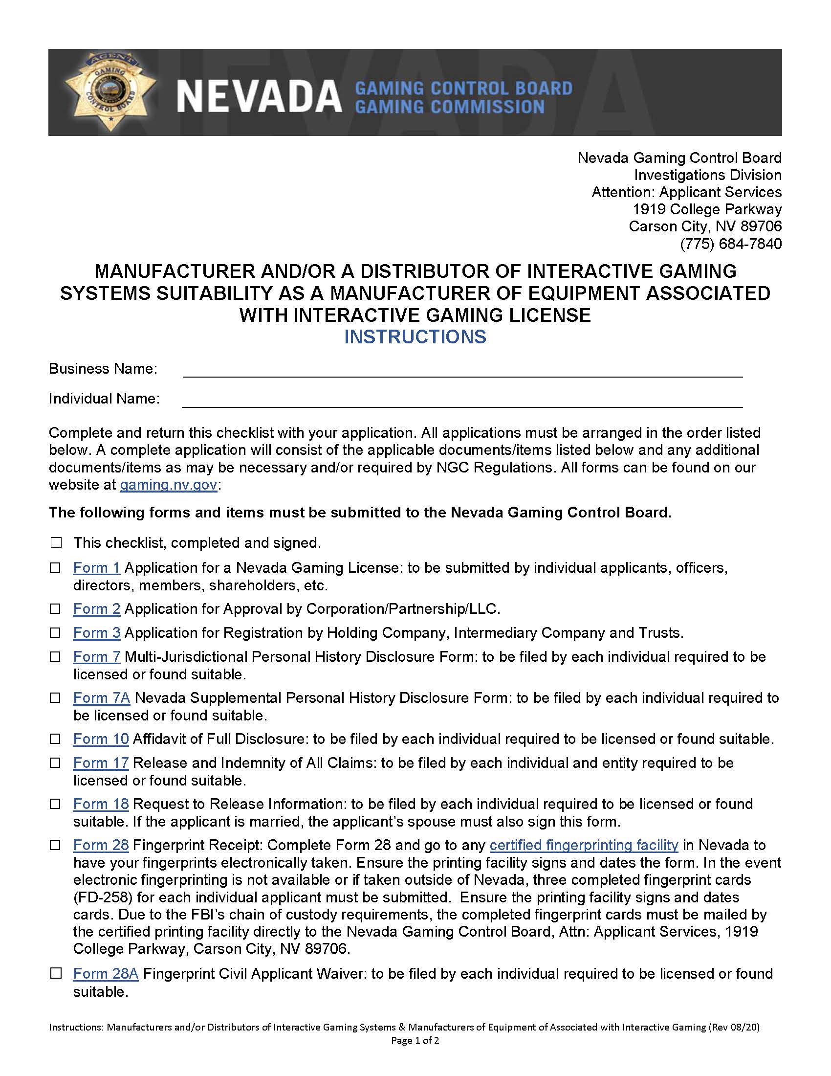 Manufacturer And Or A Distributor Of Interactive Gaming Systems (Checklist) | Pdf Fpdf Docx | Nevada