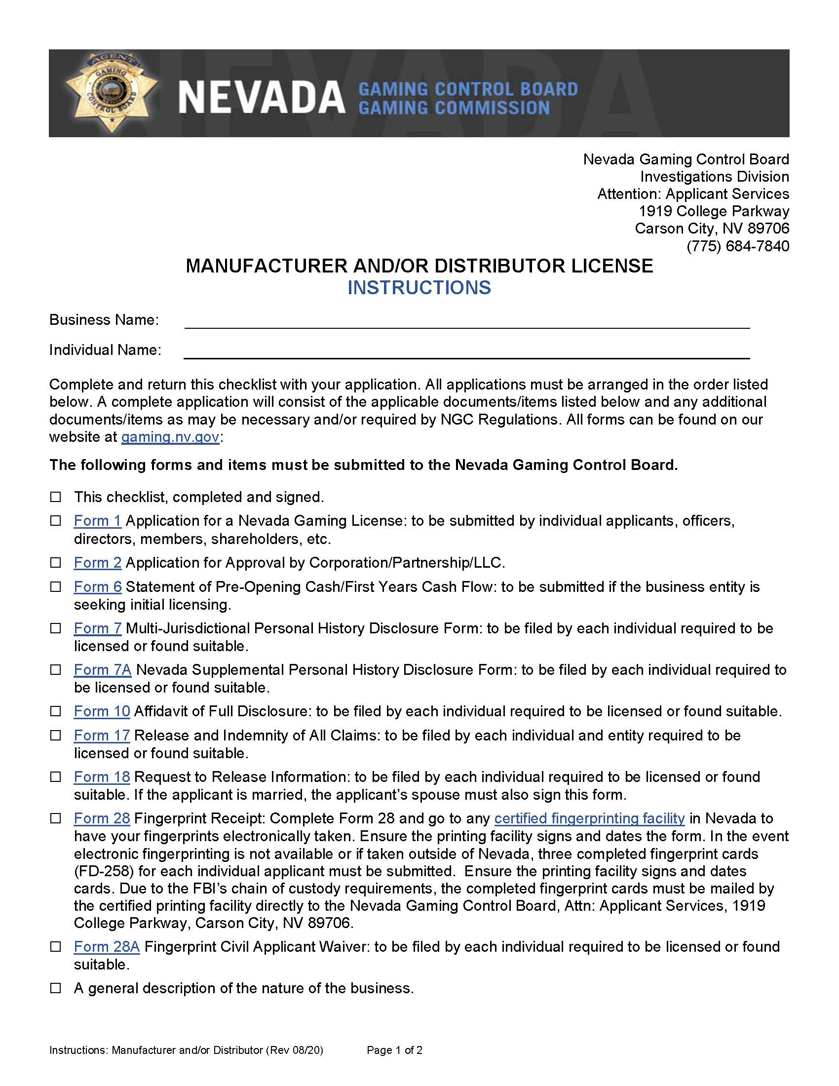 Manufacturer And Or Distributor License (Checklist) | Pdf Fpdf Docx | Nevada